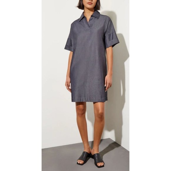 Ming Wang Side Pocket A Line Chambray Shirt Dress XL Dark Denim $195 Washable - Picture 1 of 16